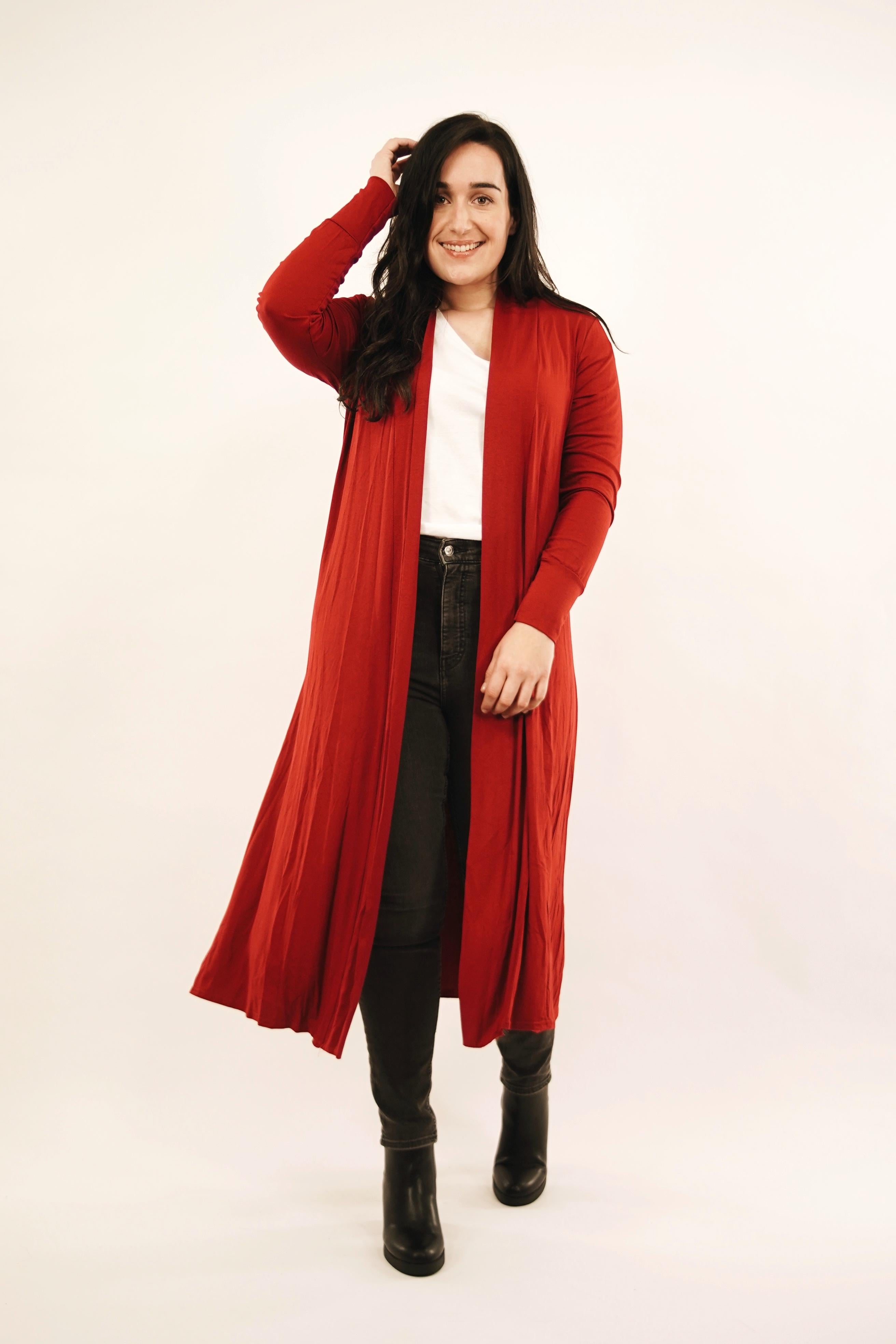Cardigan long couleur uni à manches longues ample ouvert sur le devant