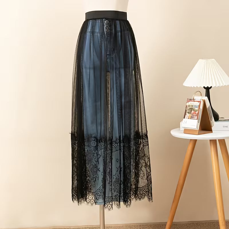 Jupon jupe en maille de dentelle transparente avec doublure anti-exposition.