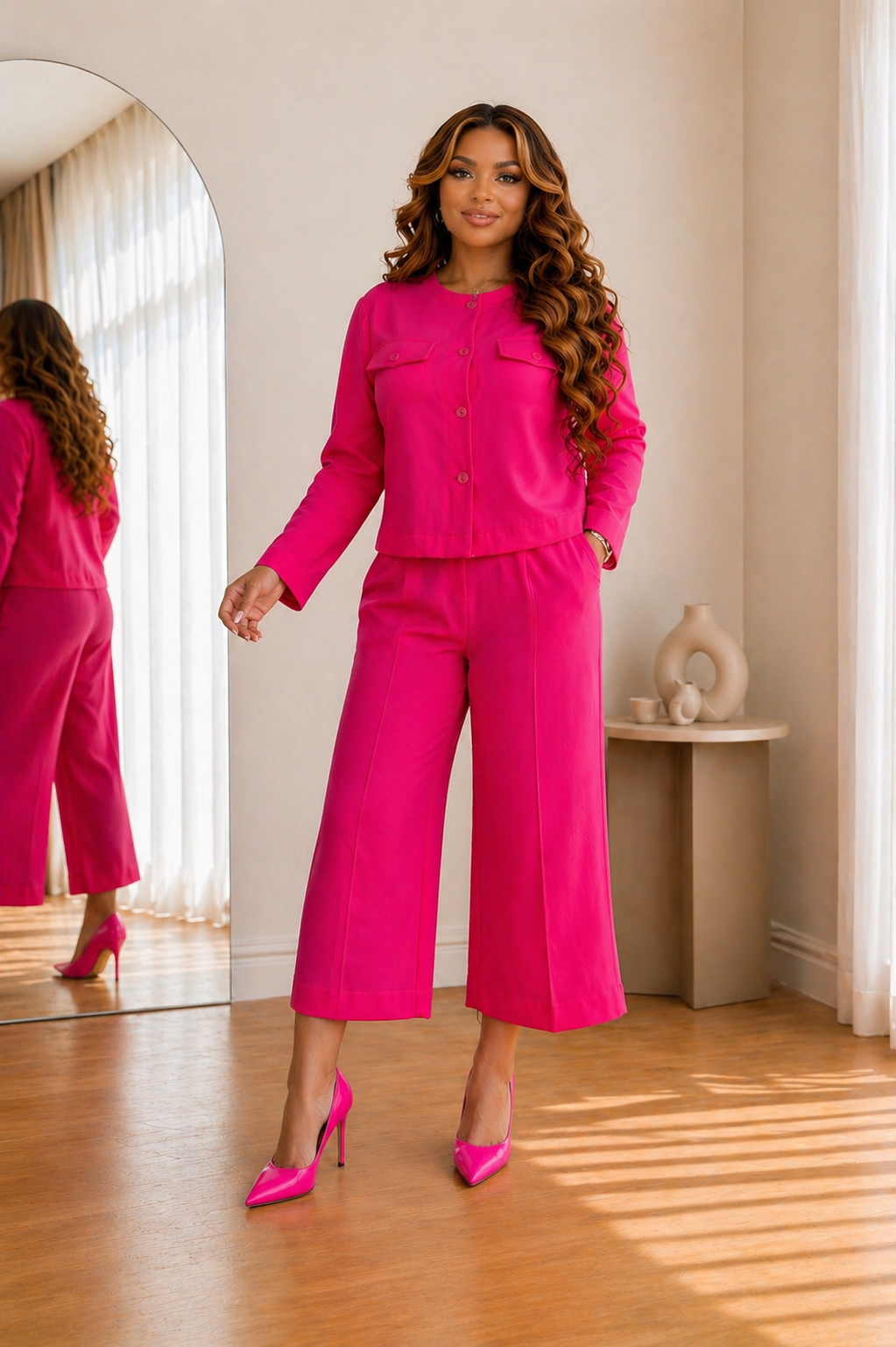 Ensemble 2 pièces femme grande taille – Bleu élégant coupe fluide (veste + pantalon culotte)