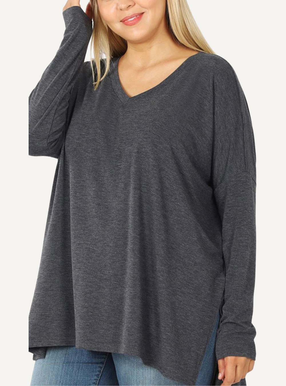 Basic Langarm-Oberteil mit V-Ausschnitt