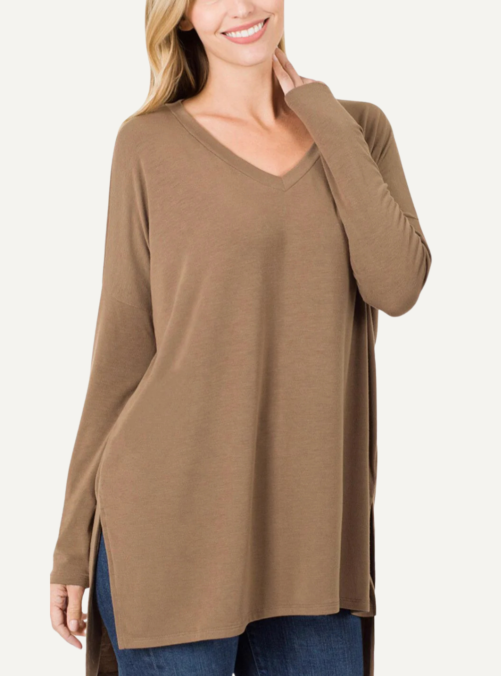 Basic Langarm-Oberteil mit V-Ausschnitt