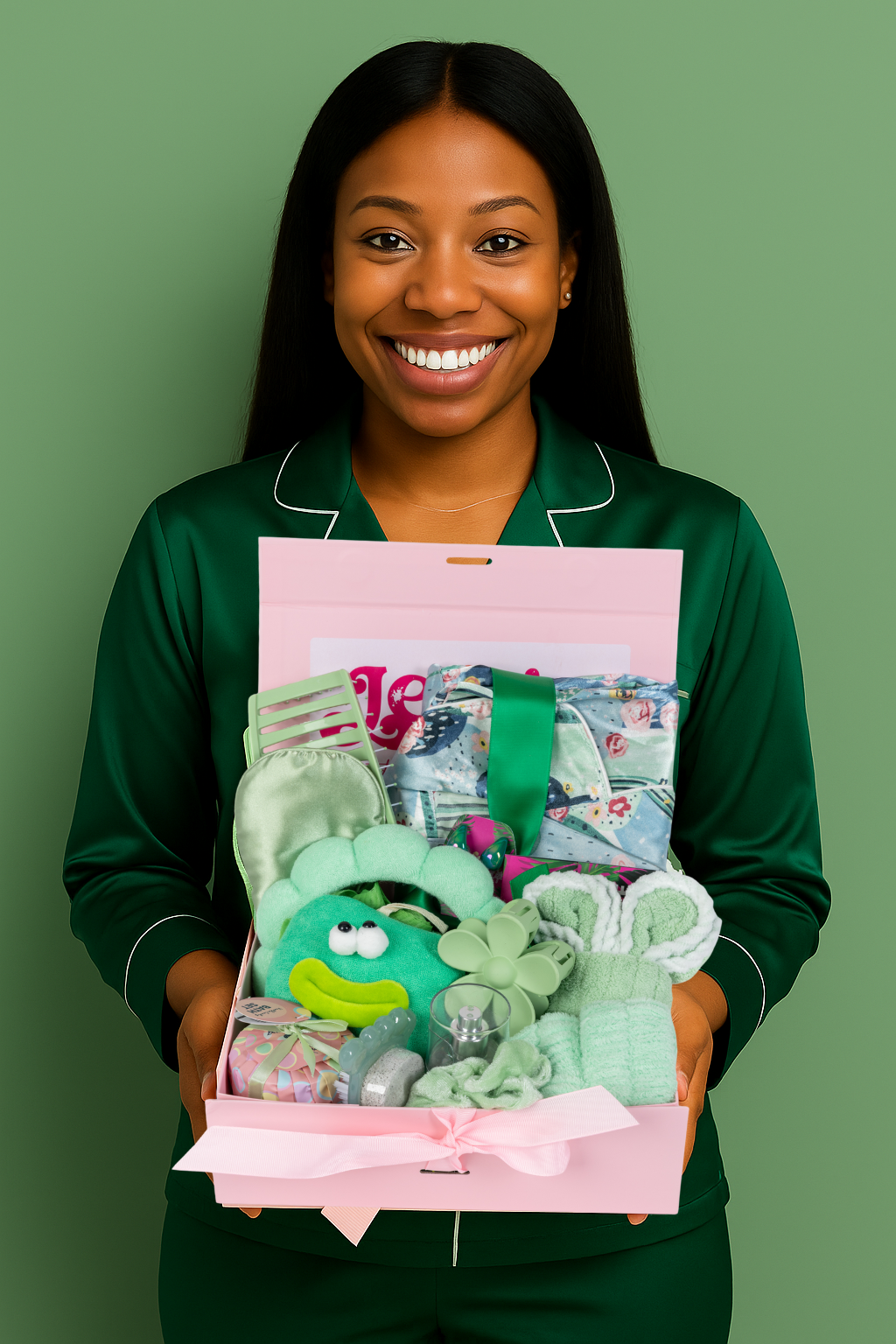 coffret cadeau Jegaine avec pyjama femme et accessoires cocooning, fond vert