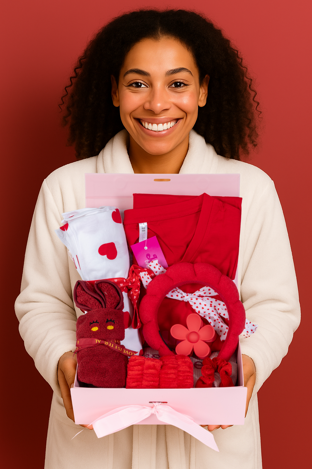Coffret cadeau Jegaine avec pyjama femme rouge et accessoires cocooning présenté par un mannequin.