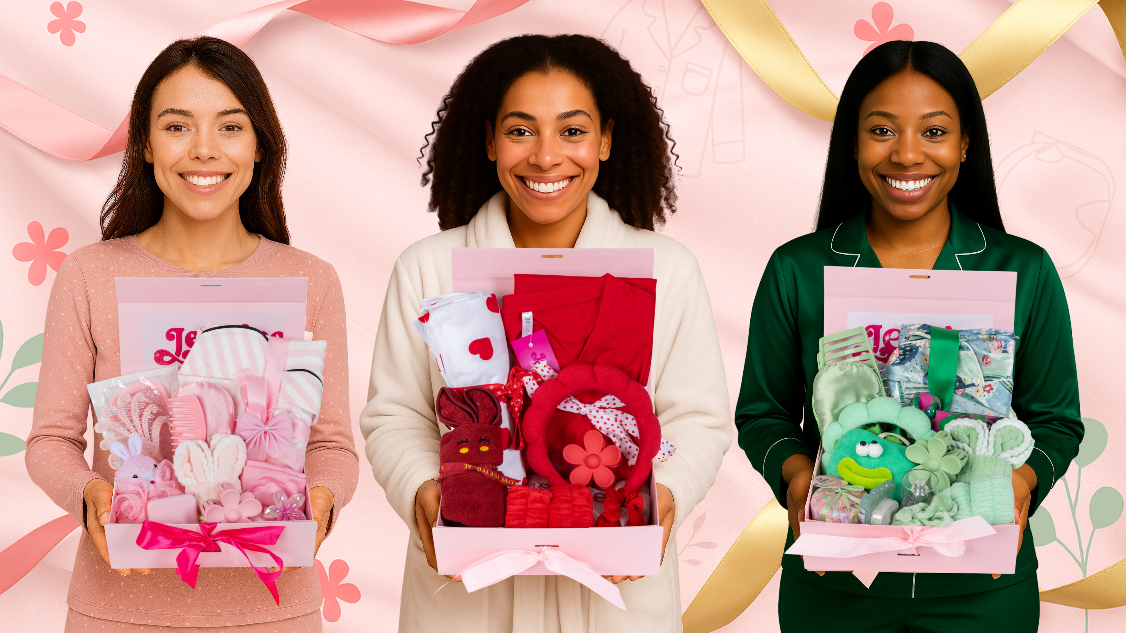 Présentation des coffrets Jegaine avec pyjamas femme et accessoires en plusieurs couleurs, ambiance cocooning