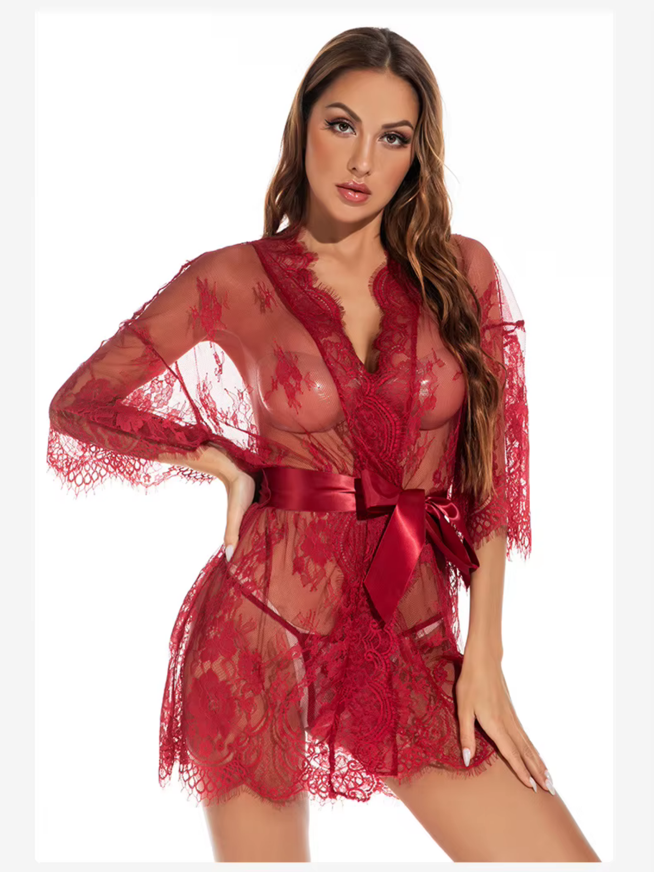 Set sexy 3 pièces – Chemise de nuit + peignoir dentelle + string