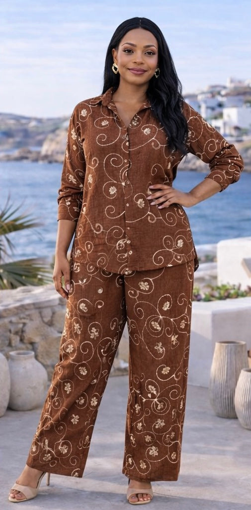 Ensemble Pantalons Chemise brodé Café