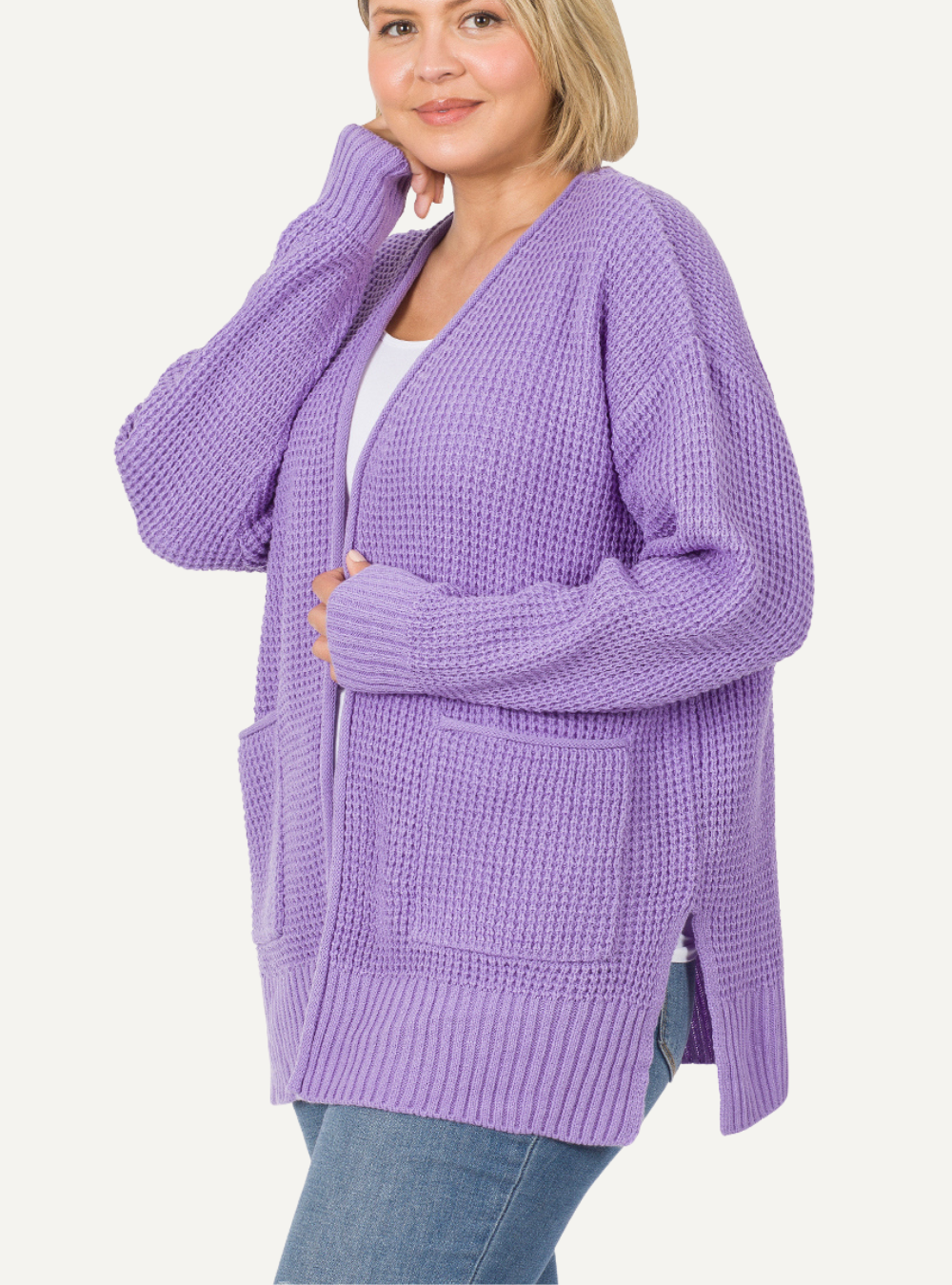 Cardigan cocooning fibre gaufrée lavande – Confort et style USA
