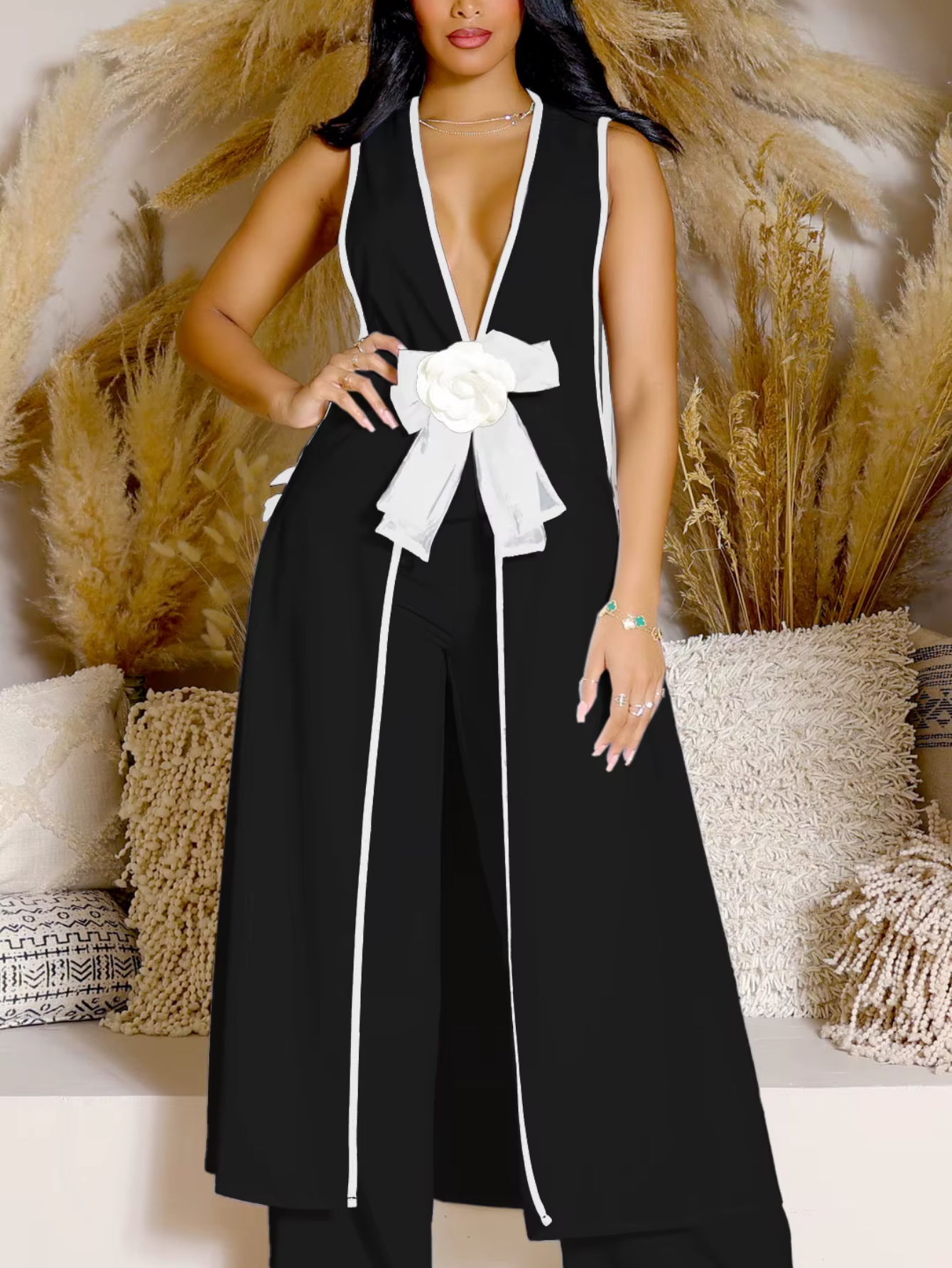 Ensemble tunique longue sans manches avec pantalon large