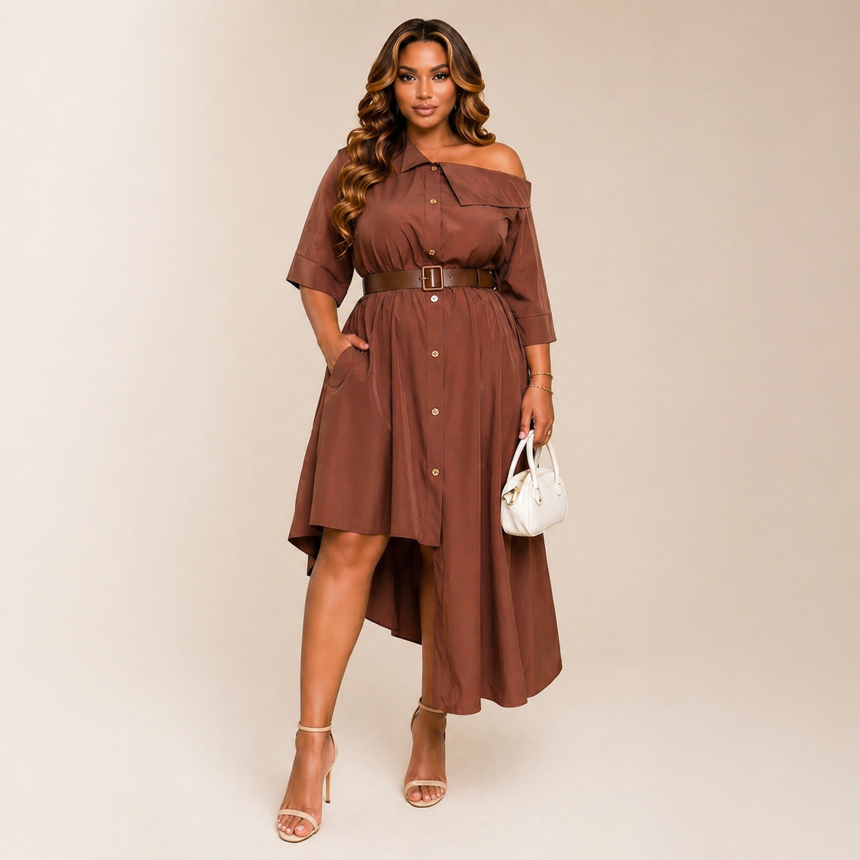 Robe chemise asymétrique ceinturée décontractée pour femme, coupe ceinturée, parfaite pour les rendez-vous, les fêtes, les sorties restaurant et les trajets quotidiens.