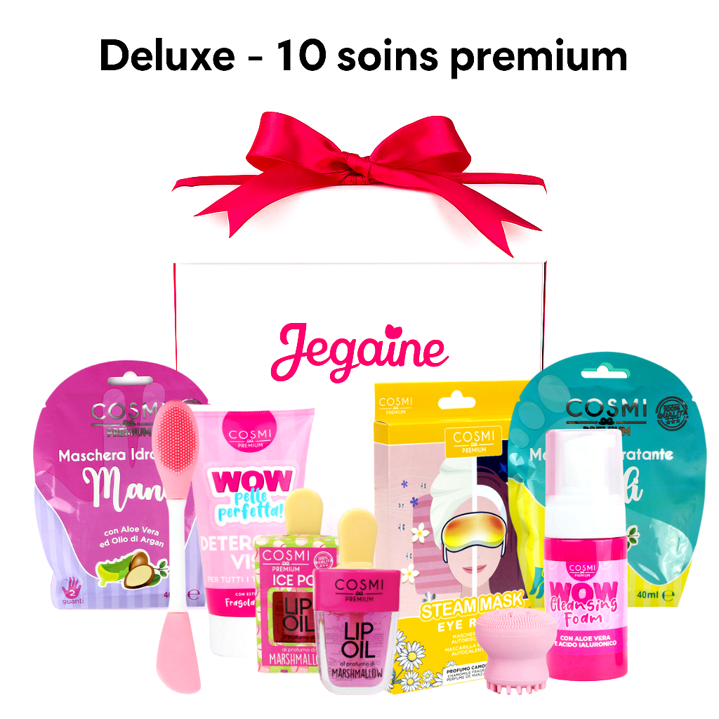 Kit Deluxe Jegaine avec 10 produits cocooning, pyjama et accessoires beauté présentés en coffret cadeau